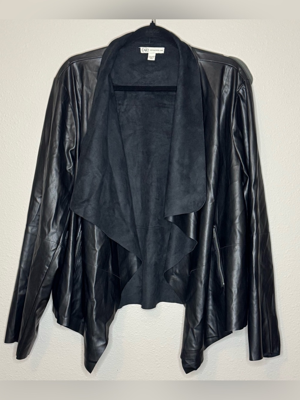 Cato Black Faux Leather Draped Open-Front Jacket